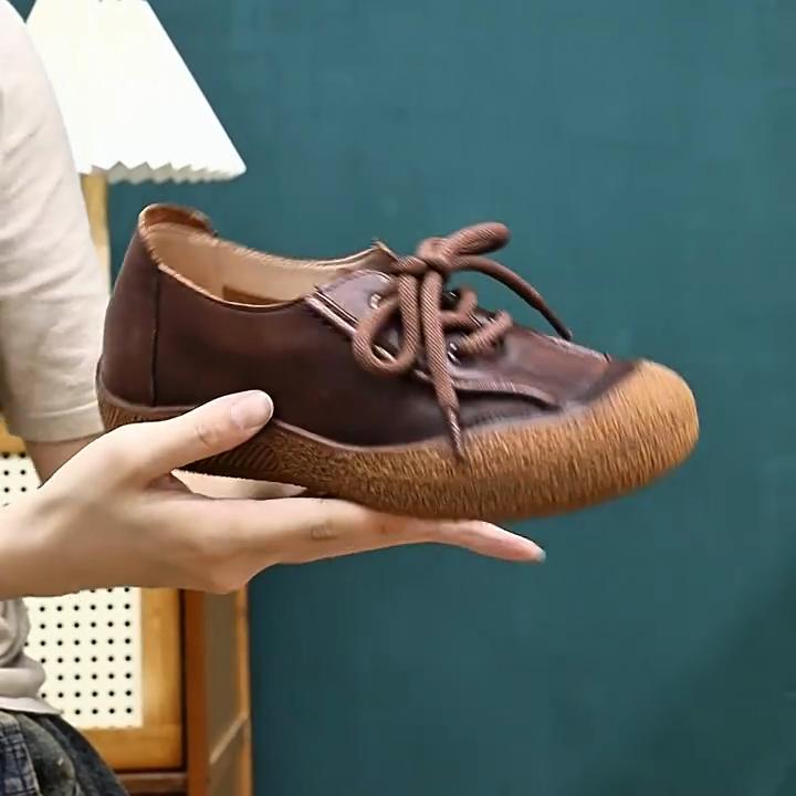 Johnature Round Toe Retro Versatile Soft Soled Women's Shoes Comfortable Genuine Leather Commuting Flat Shoes