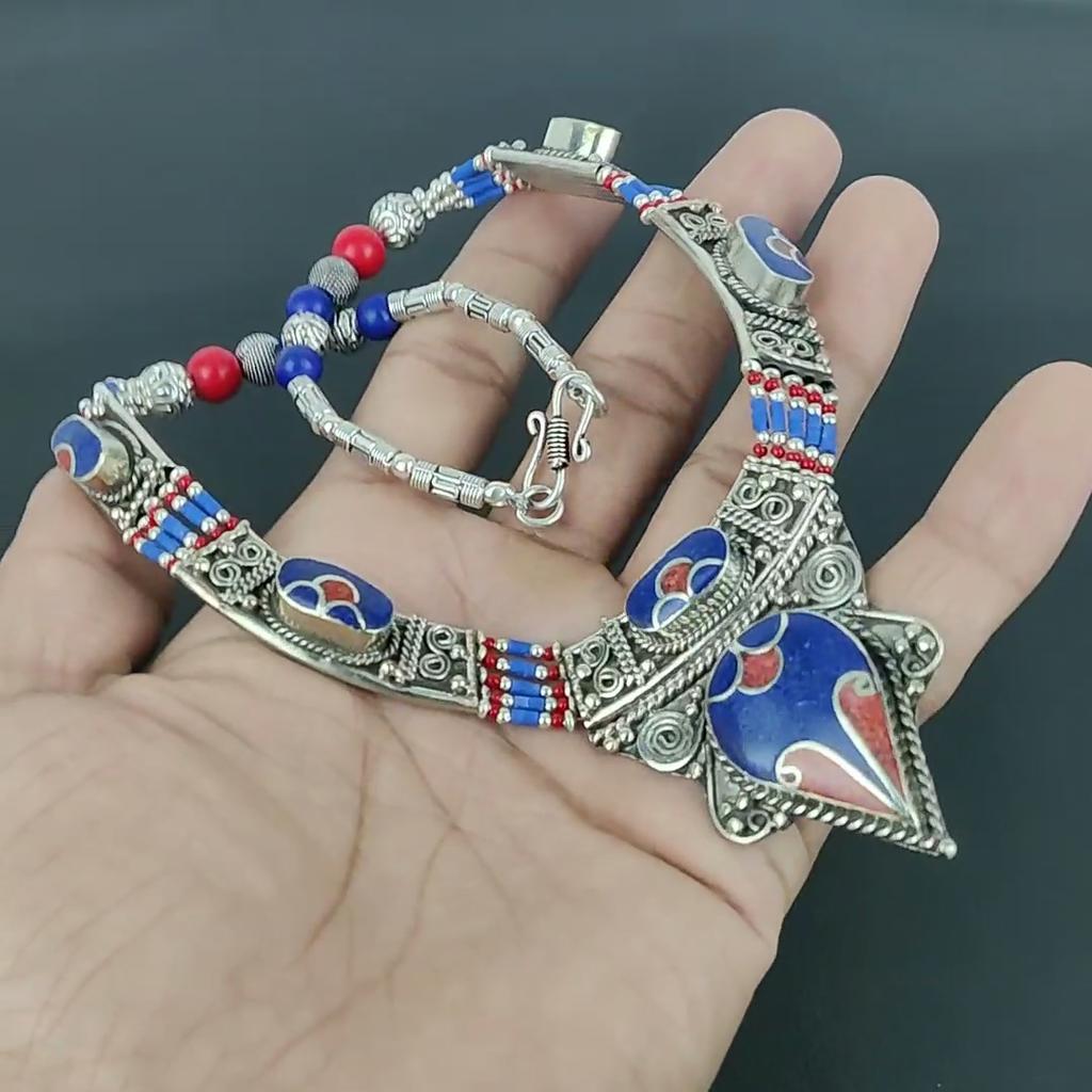 Lapis lazuli, Coral 925 Sterling Silver Necklace Tibetan Silver Necklace Bohemian Antique Necklace Handmade Jewelry Nepali Necklace Gift For Wife