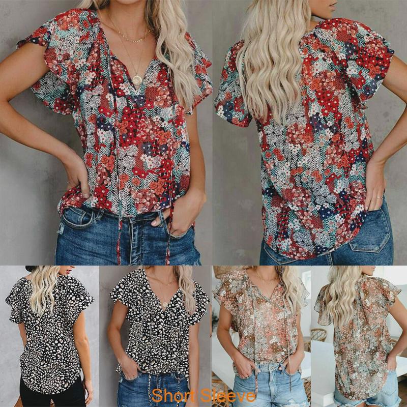Elegant Womens Summer V Neck Short Sleeve T Shirt Featuring Vibrant Floral Print Design