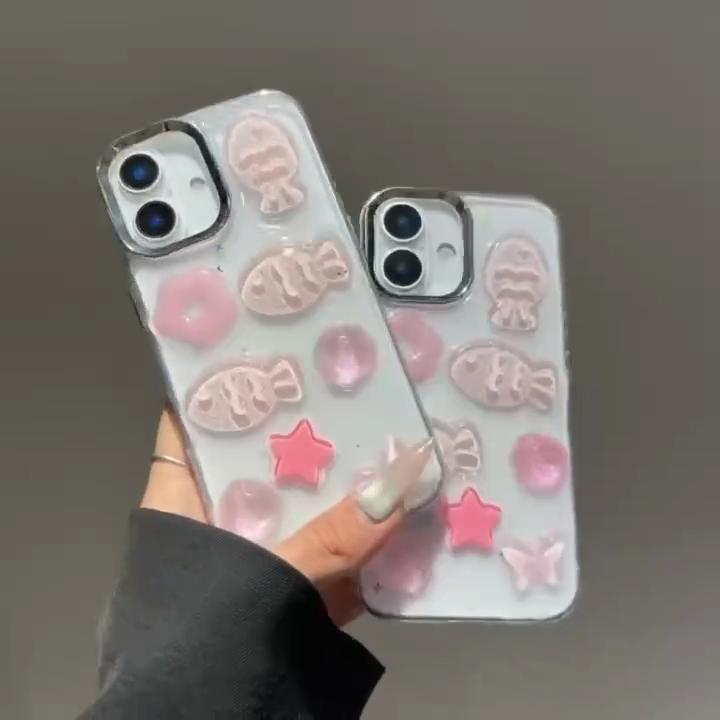 Luxurious high-end epoxy resin handcrafted 3D pink small fish phone Case, suitable for iPhone 16 Pro Max 15 14 Plus 13 12 Pro 11 shockproof Cover