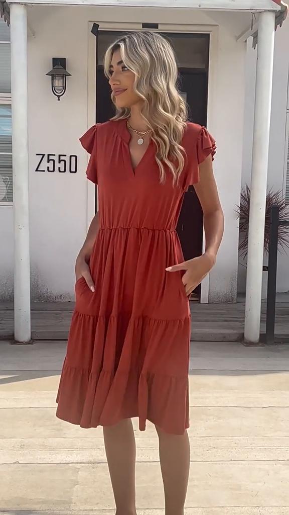 YYFS Women's Fashion Summer Spring Solid Color Print Short Sleeve V-Neck Loose Waistline Casual Dresses
