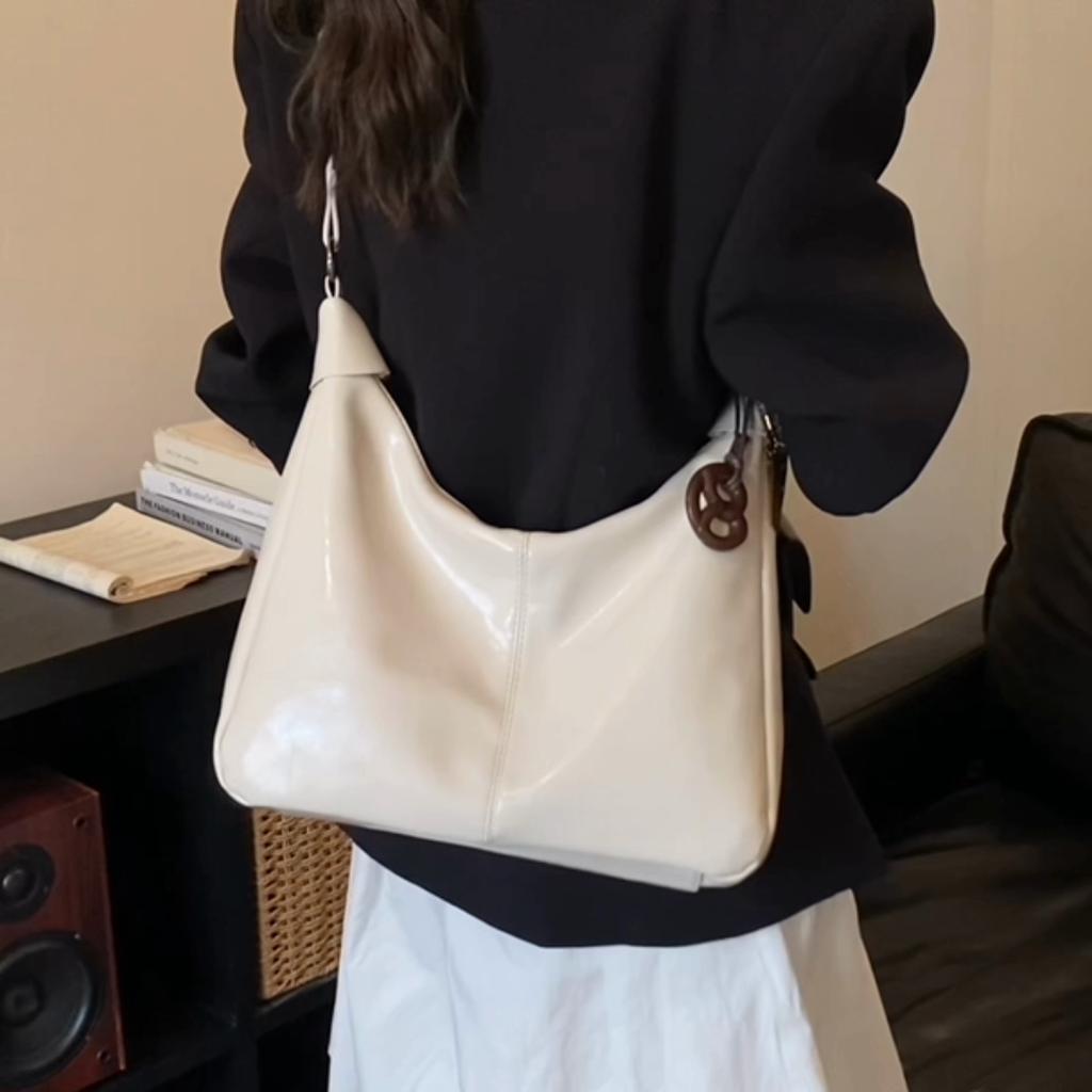 Glossy Faux Leather Hobo Bag for Women with Knotted Handle Soft Shoulder Bag for Everyday Use Casual Outings