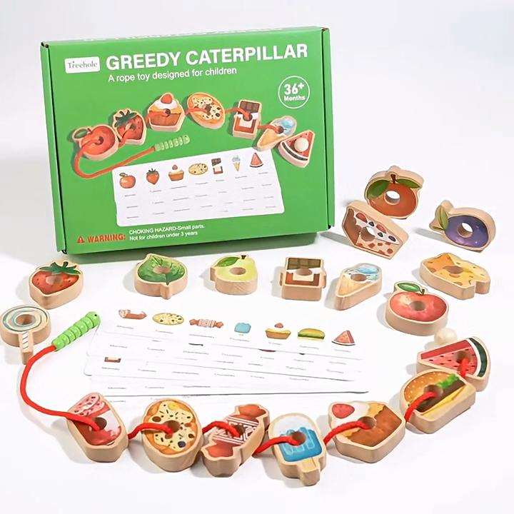 2025 New Upgrade Wooden Greedy Caterpillar Rope Toy, Fruit Vegetable Caterpillar Lacing Bead String Game, Montessori Fine Motor Skills Farm Toys
