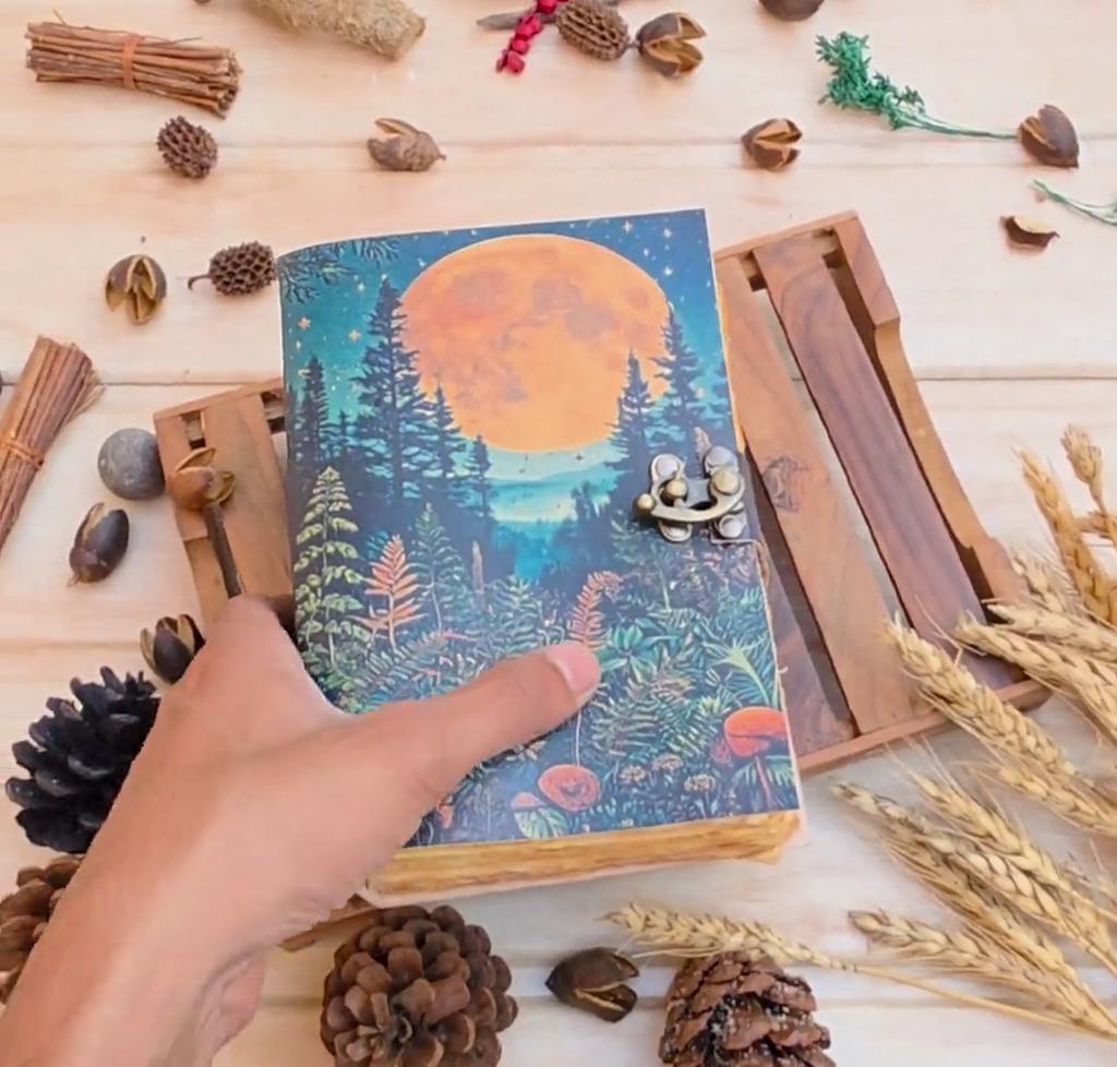 Handmade Leather Journal: Full Moon Forest Design - Witchcraft Grimoire
