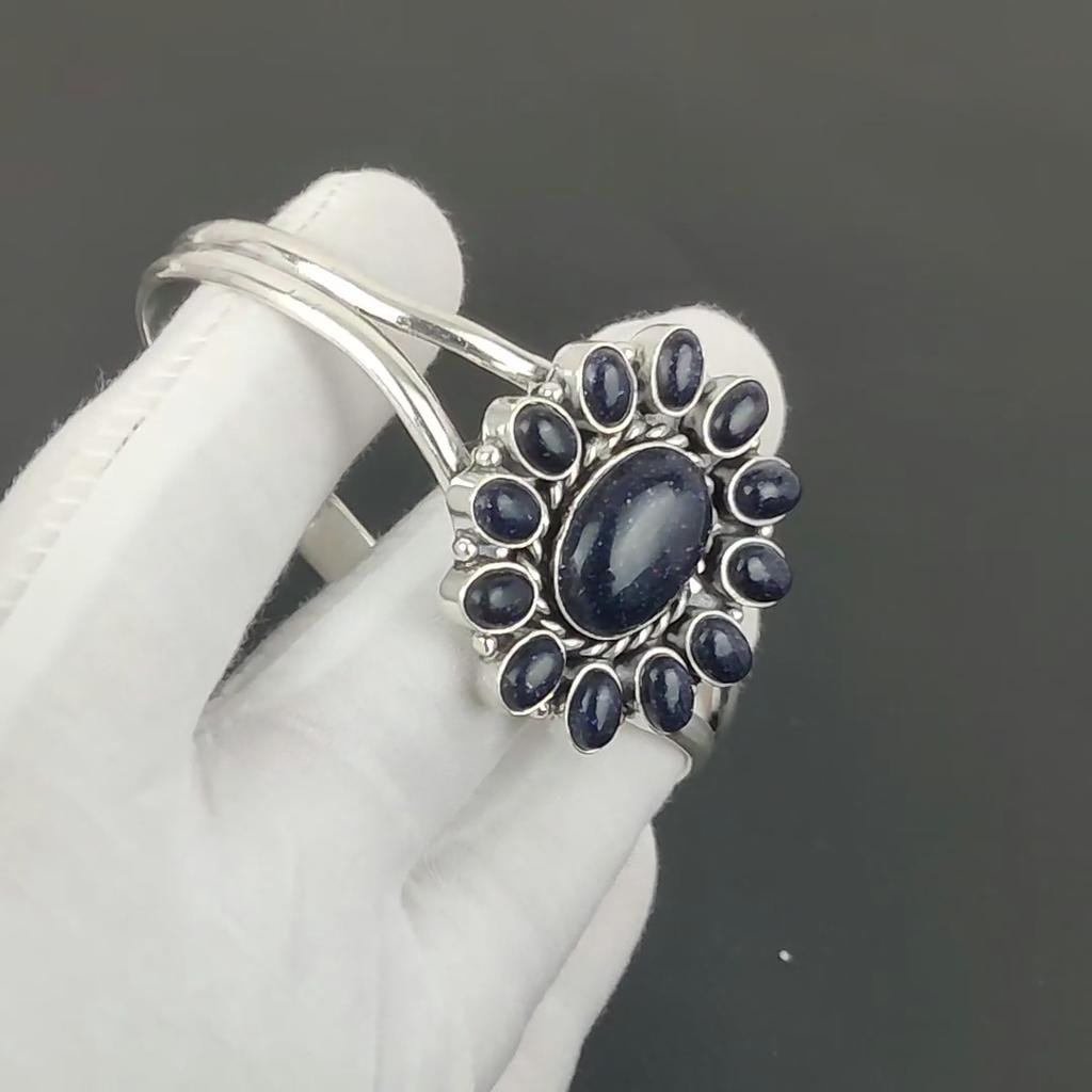Blue Sunstone Gemstone Handmade Cuff Bangle 925 Sterling Silver Cuff Bangle, Blue Sunstone Flower Shape Bracelet For Wife, Unisex Bangle, Gift