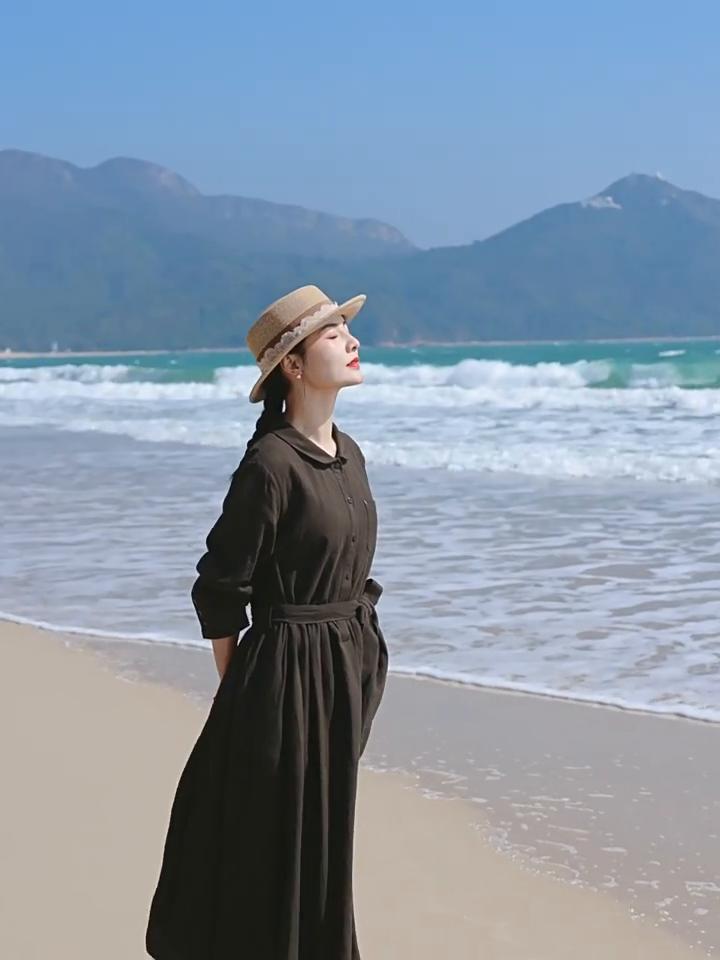 Johnature Woman Autumn Fashion Casual Long Sleeves A-Line Dress Vintage Solid Color Single Breasted Loose Dress