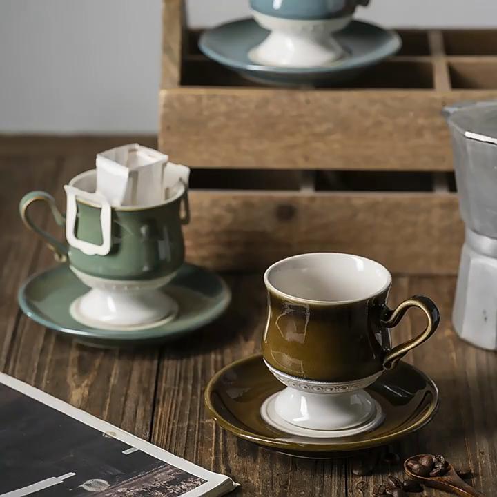 Handmade Ceramic Tall Coffee Cup and Saucer Afternoon Tea Latte Americano Cappuccino Cup Set 260ml
