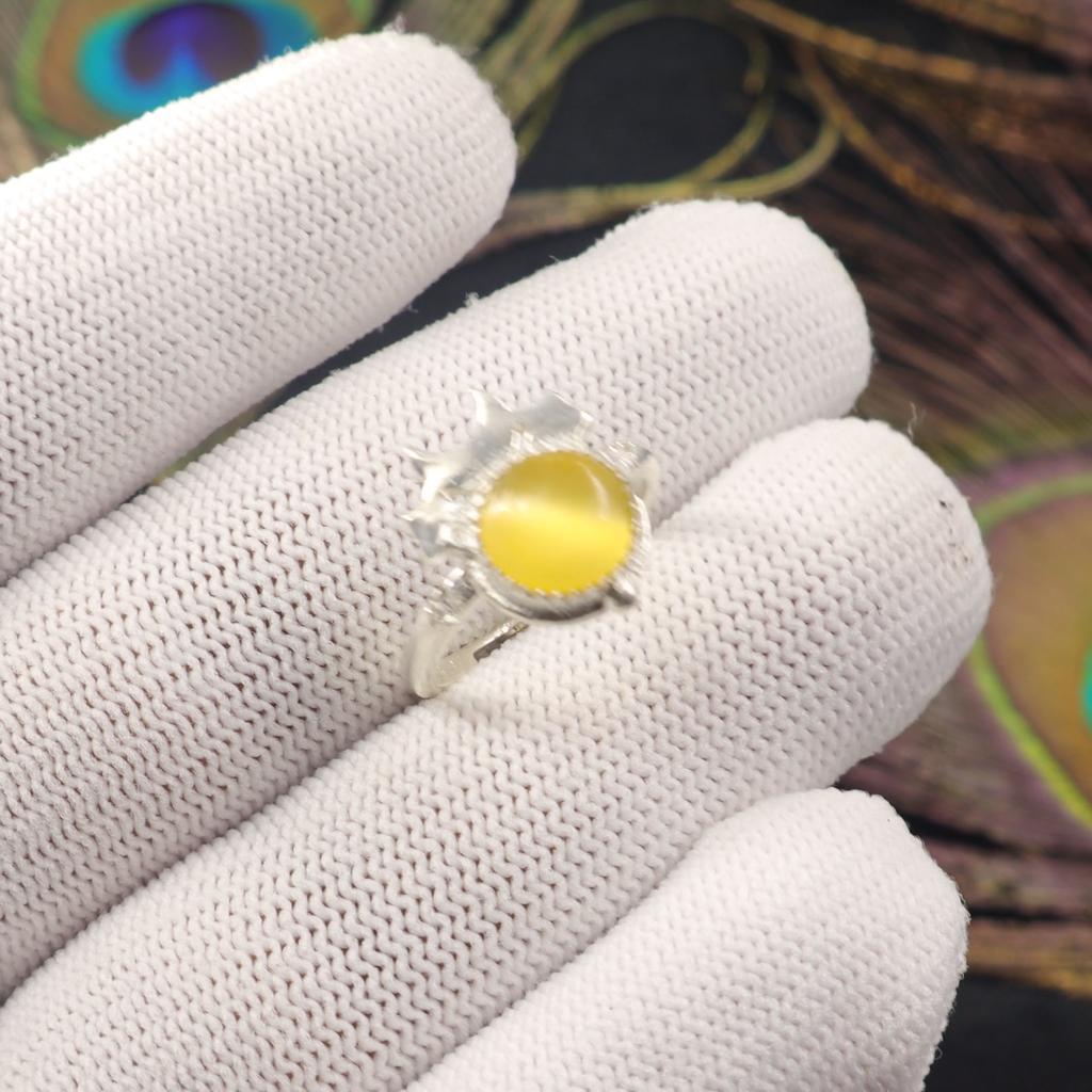 Natural Yellow Cat's Eye Gemstone 925 Sterling Silver Jewelry Handcrafted Ring RR-67-33