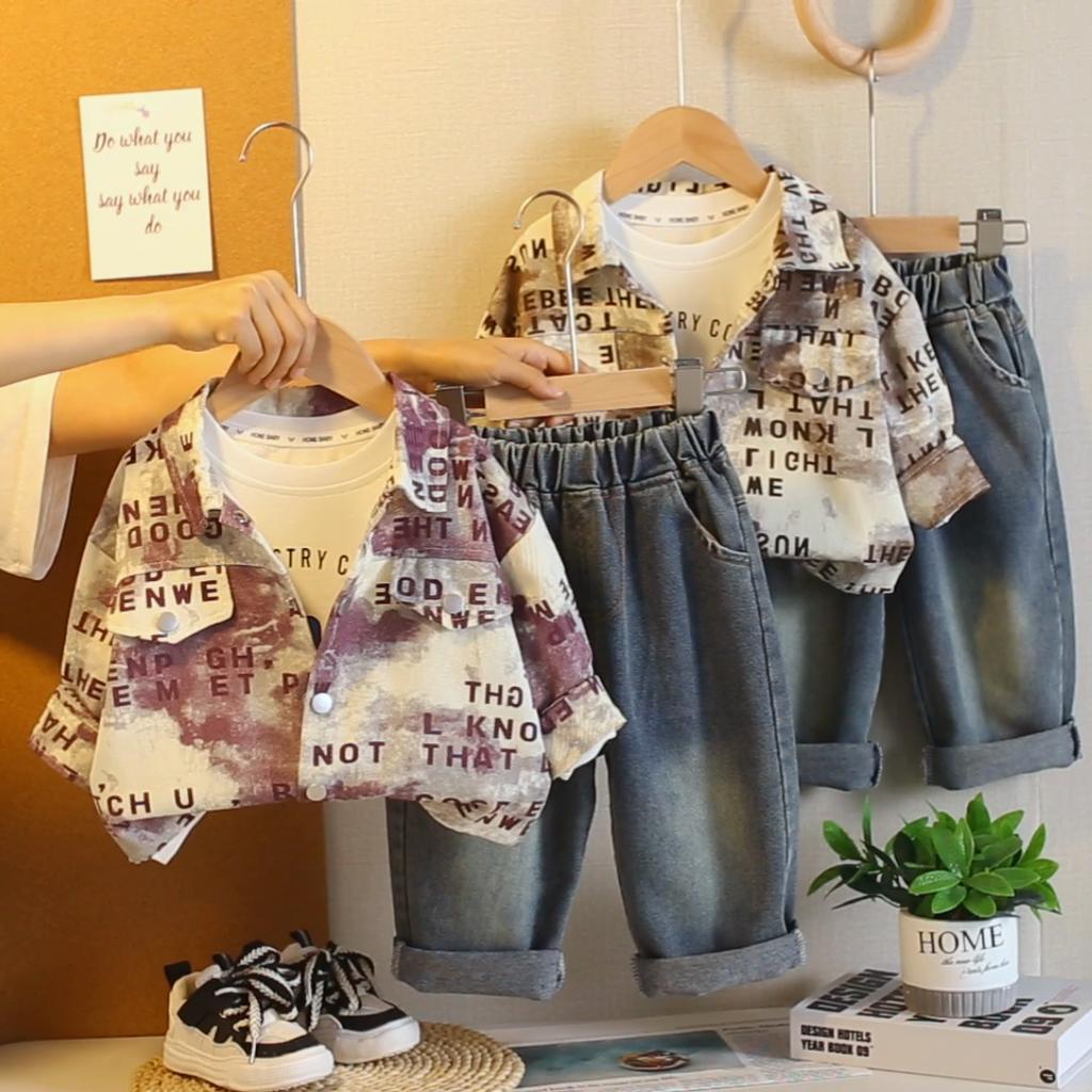 Boys' Long Sleeved Three Piece Set, 0-5-Year-old Children's Full Printed Letter Shirt Jacket, Baby Casual Set