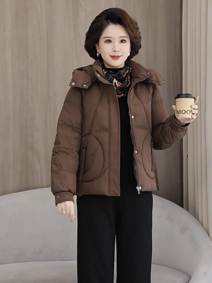 Women's Short Hooded Winter Middle-aged Loose Warm Cotton-padded Jacket with Detachable Hood