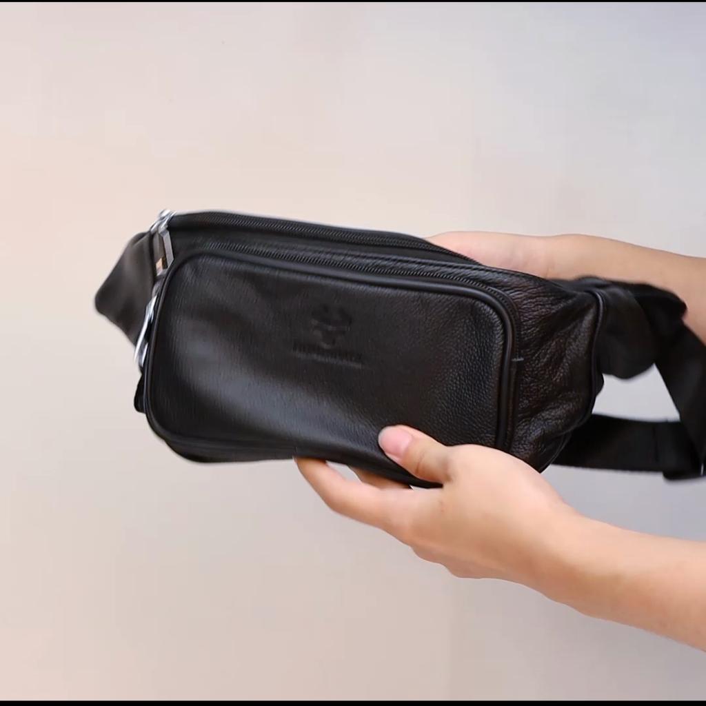HUMERPAUL Men leather waist bag multifunctional cowhide leisure sports mobile phone waist bag multi-compartment chest bag large-capacity shoulder bag