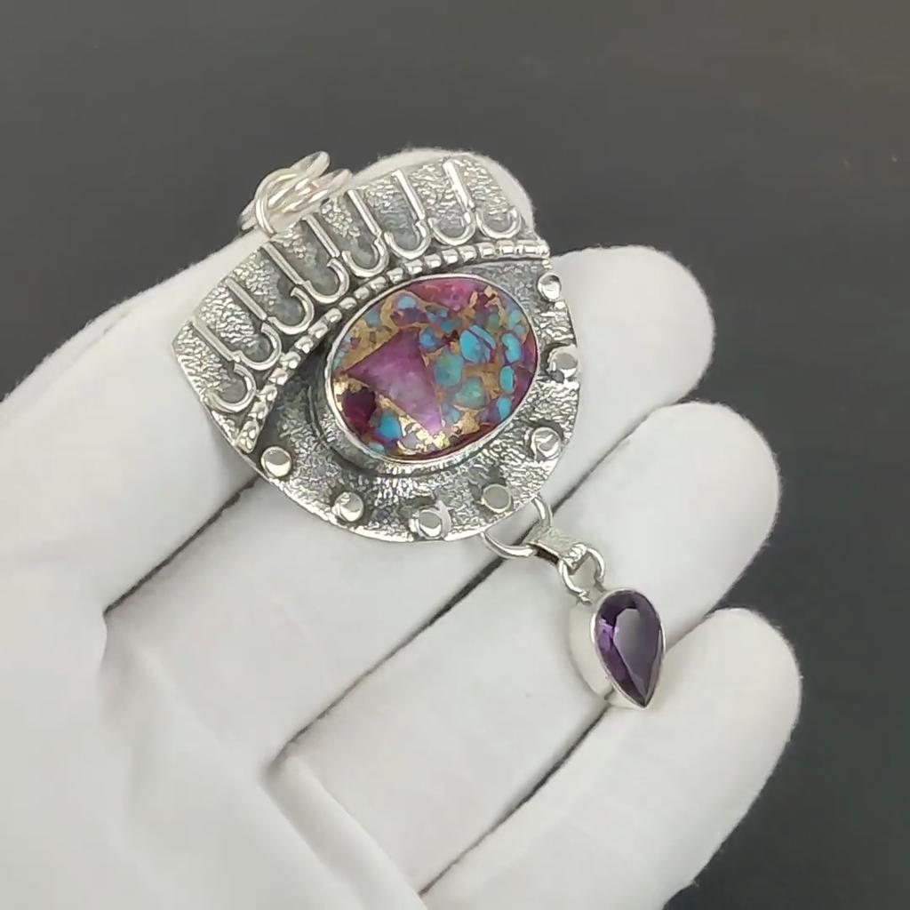 Kingman Spiny Turquoise Pendant, 925 Sterling Silver Handmade Jewelry, Amethyst Silver Pendant, Party Wear Jewelry For Women's, Pendant Love Gift