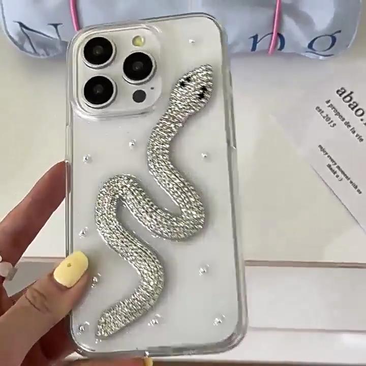 Luxury Creative Rhinestones Snake Epoxy Phone Case For iPhone 15 14 13 12 Pro Max 11 Stylish Glitter Shockproof Soft Cover Gift
