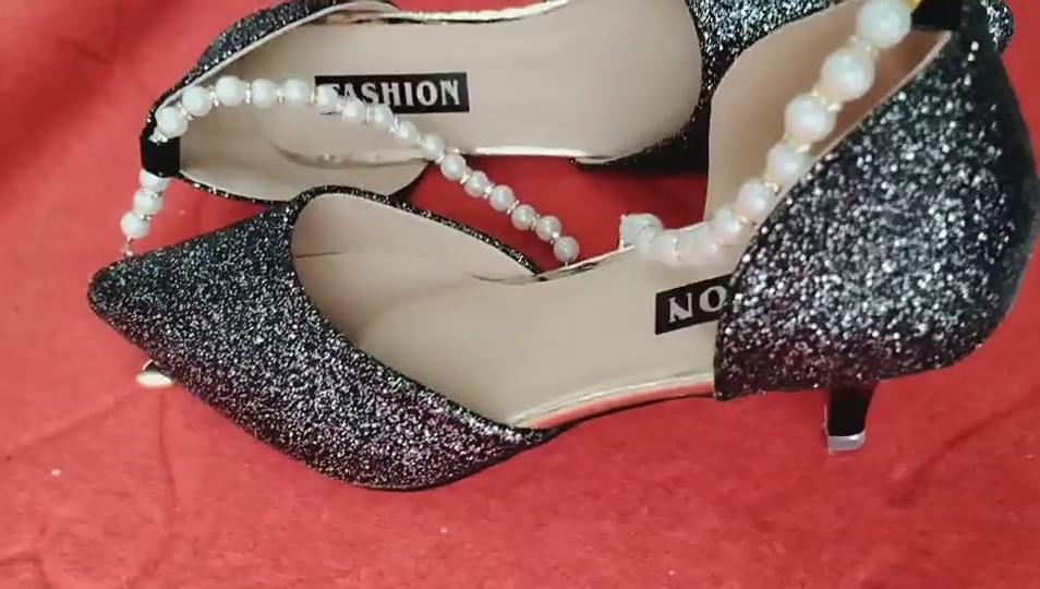 Sexy Pointed Toe Cut-Out Stiletto Heels for Women Pearl Beaded Ankle Strap Closed Back Sandals Summer