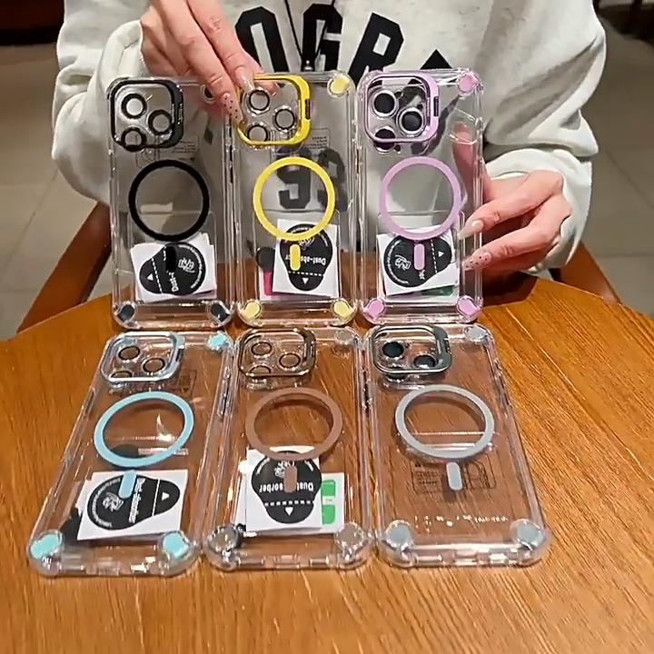 For iPhone 16 Pro Max Luxury Lens Holder Stand Magsafe Magnetic Transparent Phone Case For iPhone 12 13 14 15 Plus Protective Cover
