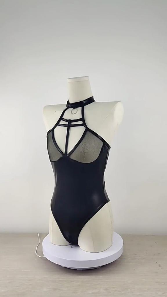 Avrupa ve Amerikan Kadın Seksi İç Çamaşırı Hollow Out Mesh İç Çamaşırı Patchwork Halter Sırtı Açık Patent Deri Body