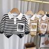Chłopięcy dwuczęściowy zestaw z długim rękawem 0-5 lat Chłopięcy czarno-biały pasiasty Polo koszula casual jeans spodnie zestaw