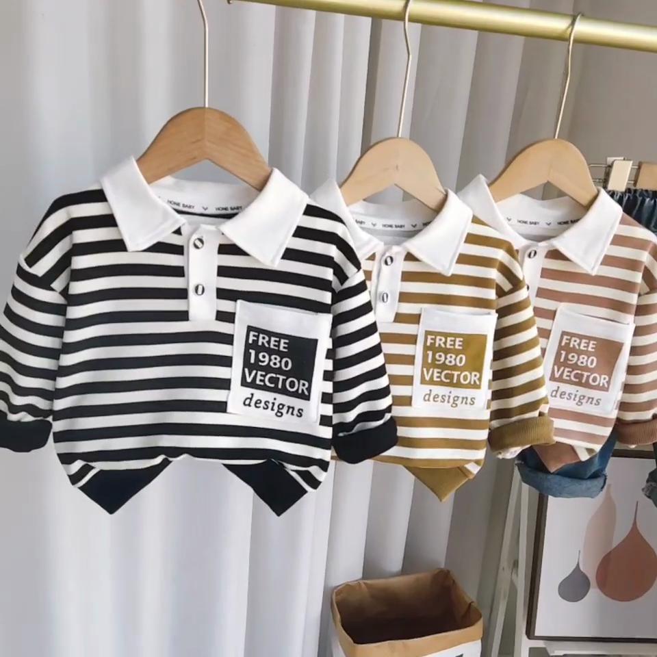 Chłopięcy dwuczęściowy zestaw z długim rękawem 0-5 lat Chłopięcy czarno-biały pasiasty Polo koszula casual jeans spodnie zestaw