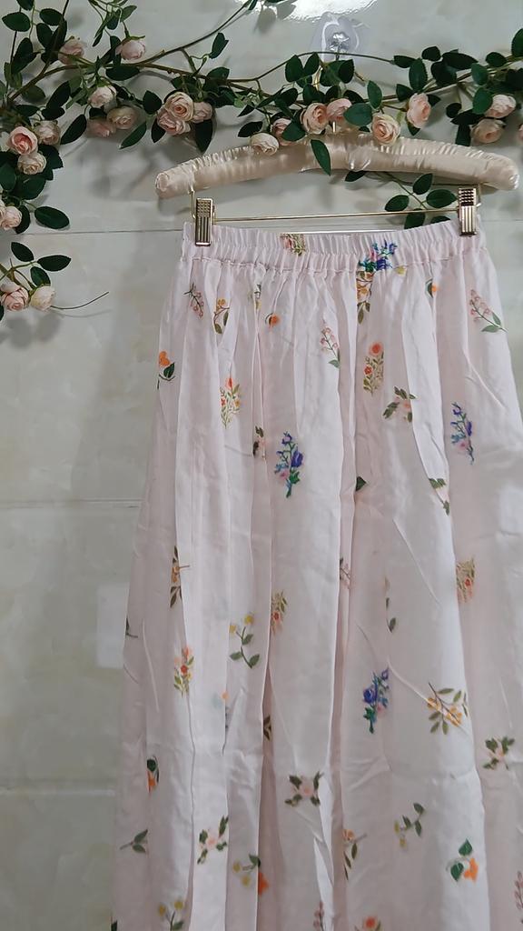 Chic Pradera Primavera Verano Falda Midi para Mujer Cintura Elástica Rosa Claro Estampado Floral Falda de Corte en A Elegante Femenina Dulce Faldas para Mujer