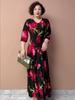 Summer Women's V-Neck Floral Casual Dress Ice Silk Linen High Elastic Long Dress A-Line Plus Size Dress