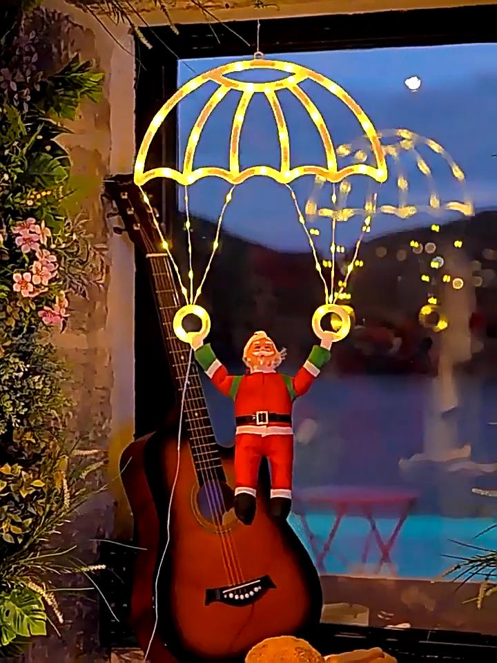 LED Christmas Parachute Light with Santa Claus Hanging Xmas Lamp for Outdoor Roof Balcony Porch Fence Tree Home Holiday Party Decor Ornaments
