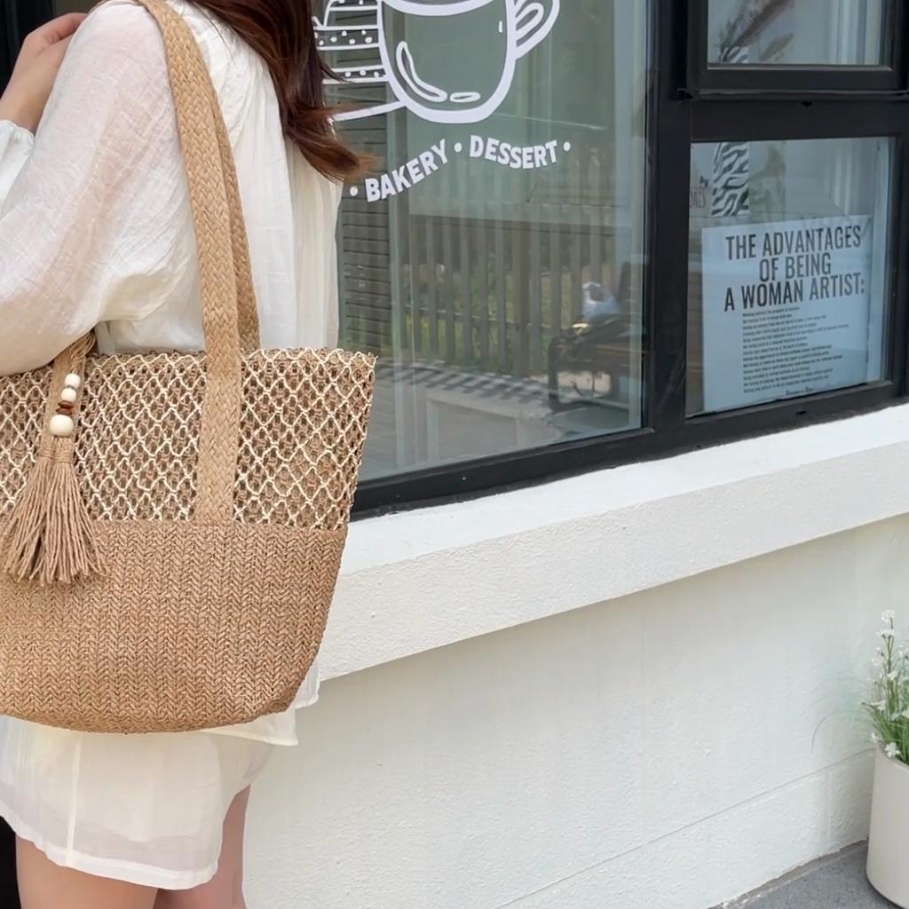 Straw Woven Tote Bag Women Summer Beach Handbag Natural Rattan Shoulder Bag Casual Vacation Style Bag