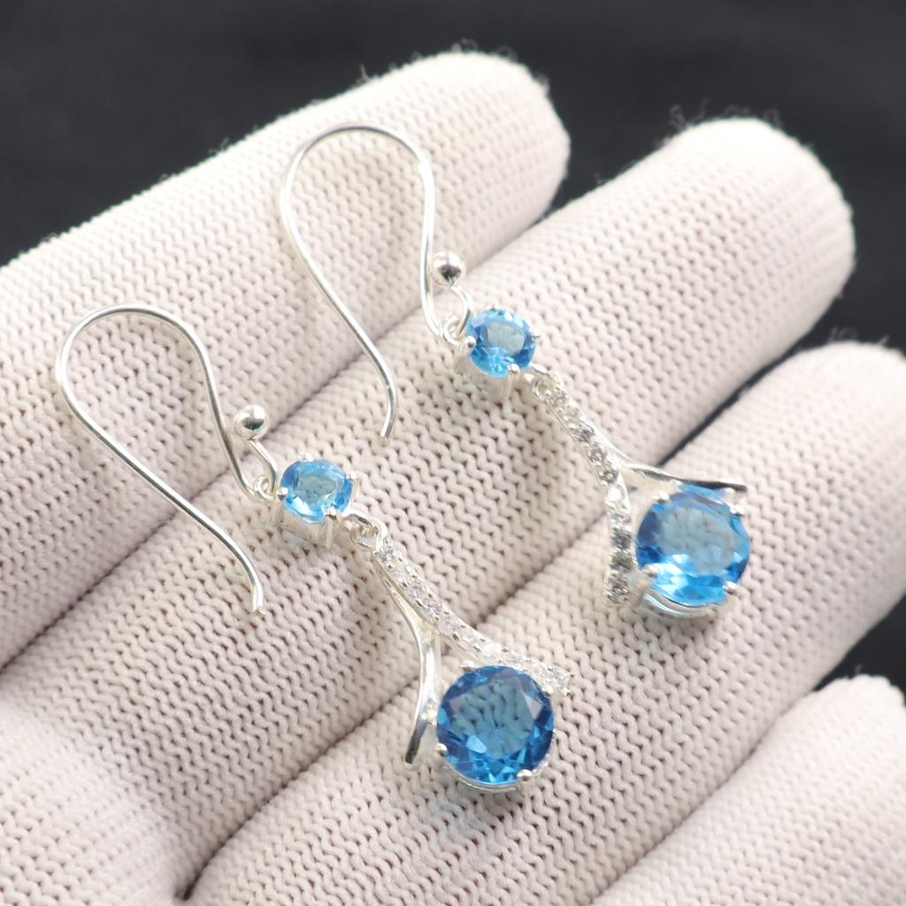 Swiss Blue Topaz Gemstone 925 Stamped Silver Jewelry Zircon Long Earrings 1.84" CZE-9-6