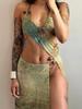 Aesthetic Printed Two Piece Set Women Halter Bandage Irregular Camis+High Side Split Maxi Skirts Female Vacation Outfits