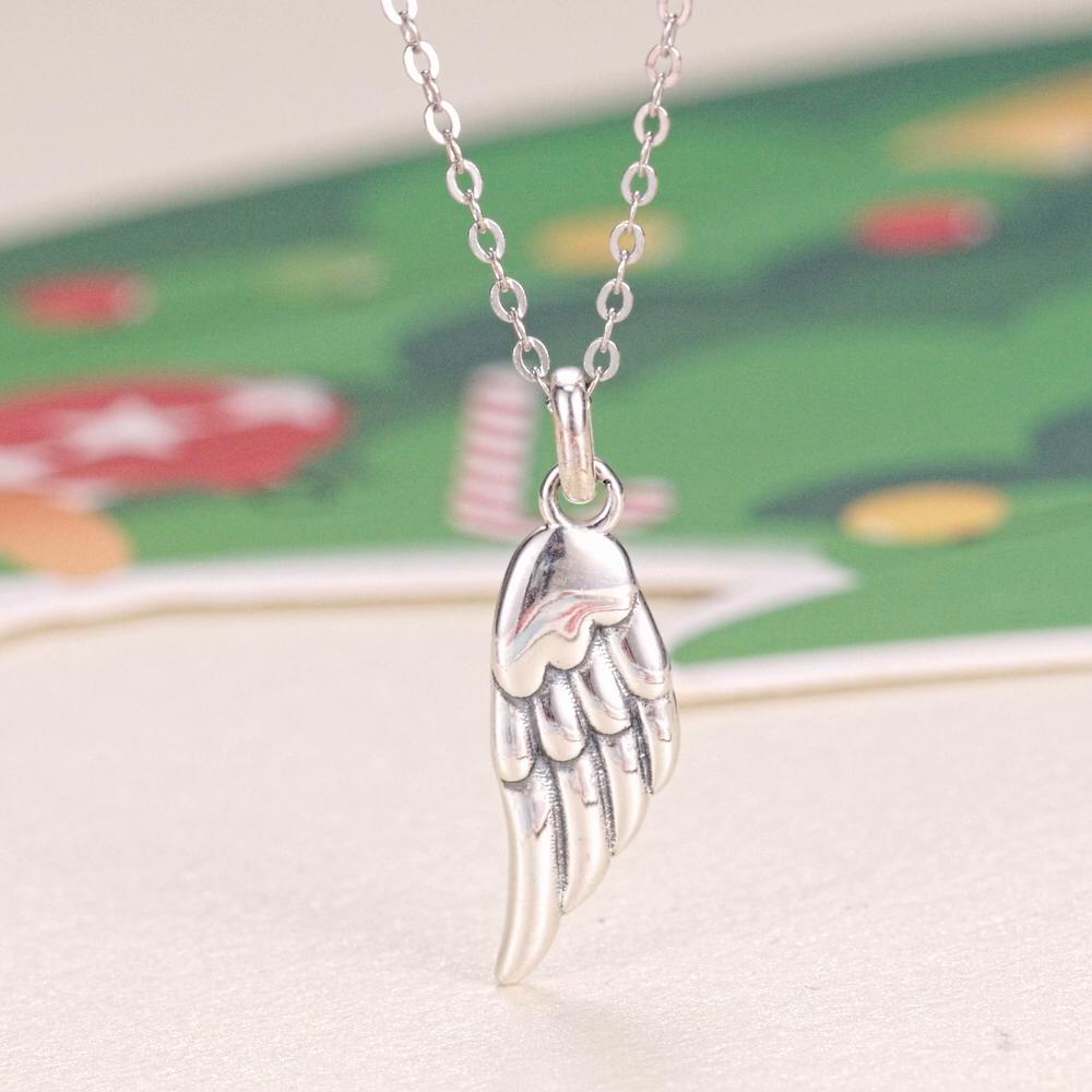 BAMOER Authentic 925 Sterling Silver Angel Wing Pendant Necklace for Women Birthday Gift Simple Chic Jewerly