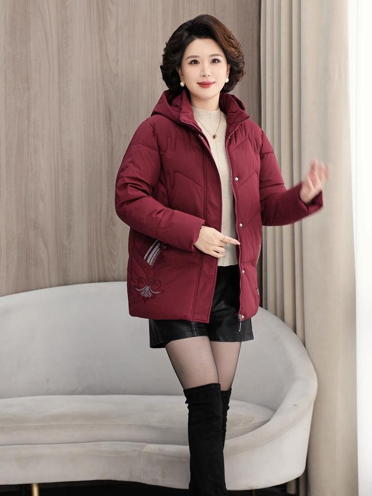 Plus Size XL-5XL Middle Age Woman Winter Coats Hooded Elegant Loose Thick Warm Embroidery Parkas Female Jacket