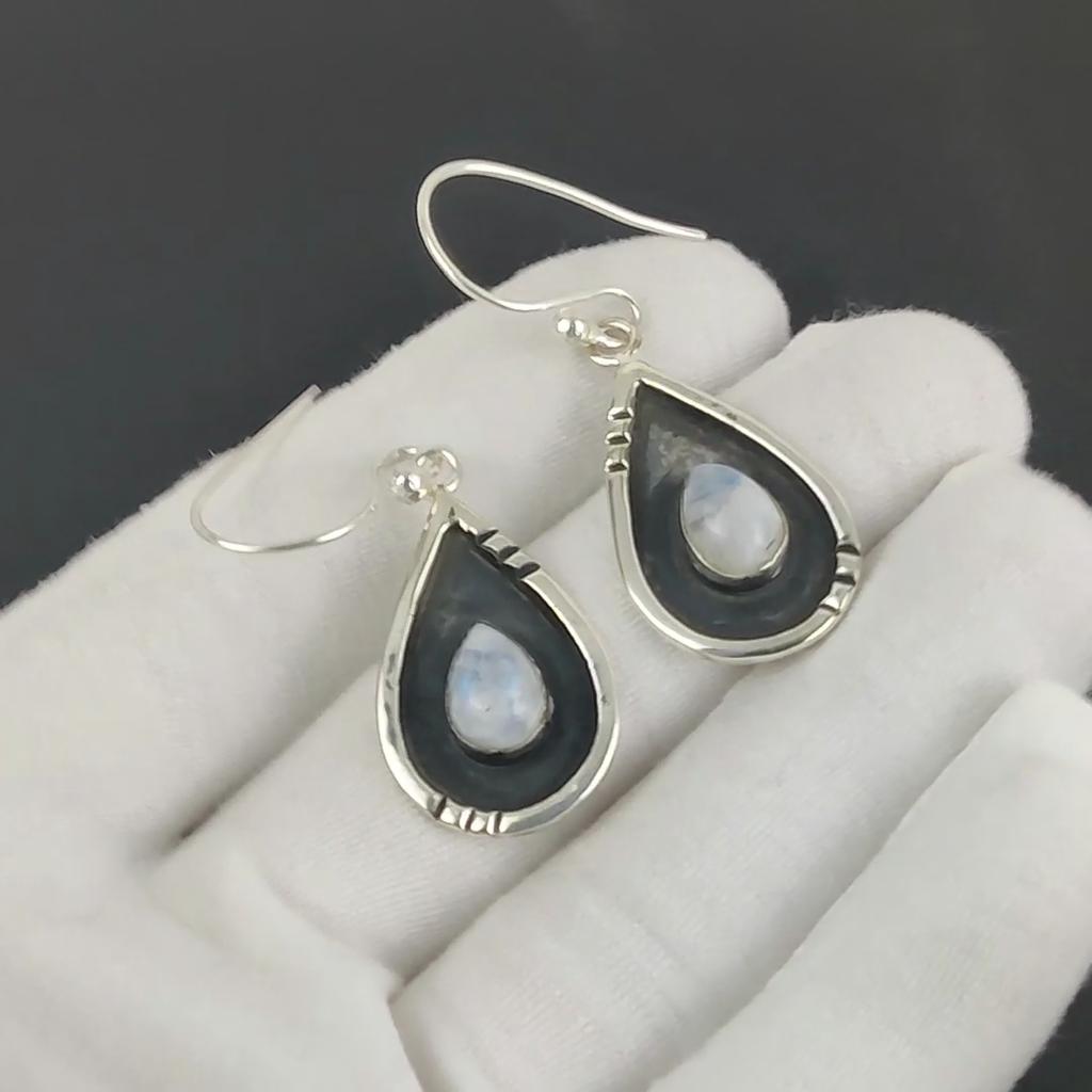 Natural Rainbow Moonstone Gemstone Earrings, 925 Sterling Silver Earring, Handmade Boho Silver Jewelry Dangle Earrings, Birthday Gift