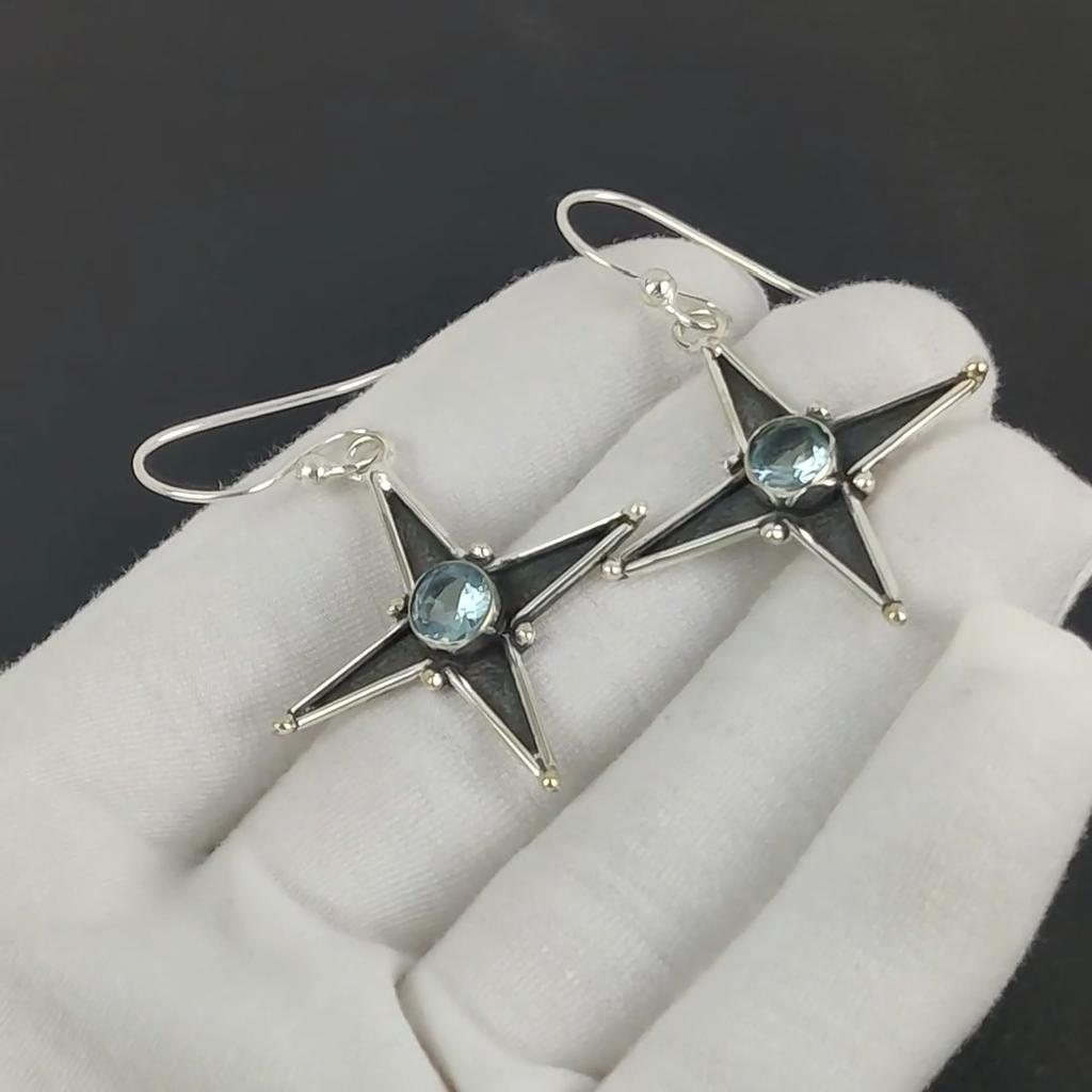 Dainty Blue Topaz Gemstone Star Shape Earrings, 925 Sterling Silver Earring, Handmade Boho Silver Jewelry Dangle Earrings, Party Wear Gift
