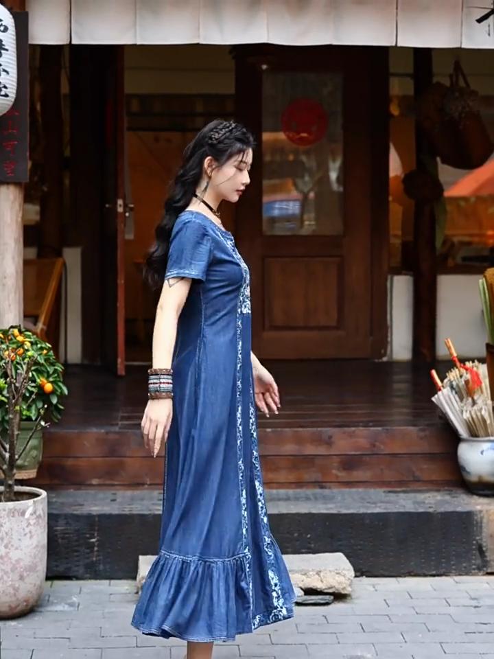 Johnature Γυναικείο Φόρεμα Άνοιξη Λαιμόκοψη Ο Κοντομάνικο Cowboy Προσωπικότητα Φόρεμα Νίσα Κέντημα Φαρδύ Ρετρό Φόρεμα