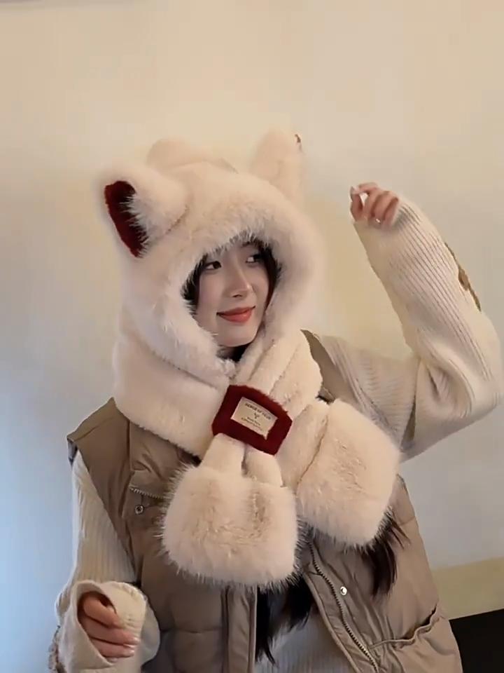 Plush Cute Fox Ear Hat Scarf One-piece Women's Autumn and Winter Hooded Scarf for Cycling and Keeping Warm