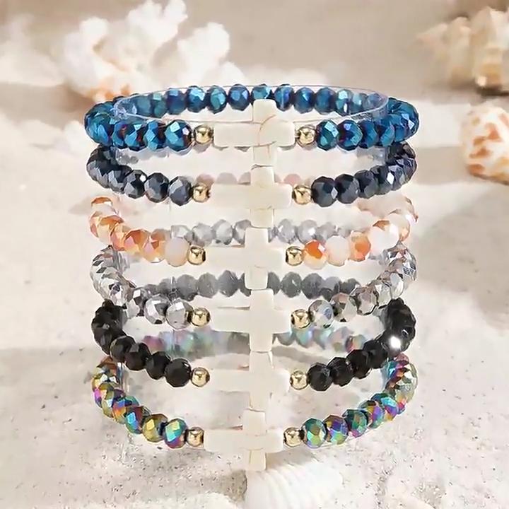 Bohemian Lady Stacking Bracelet With Turquoise Cross And Colorful Crystals For Travel Gift