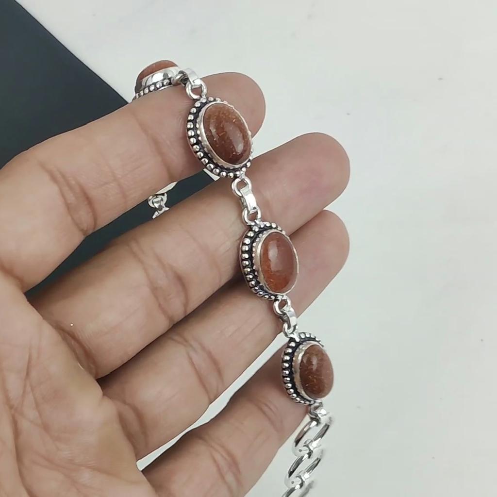 Beautiful Red Sunstone Gemstone Handmade 925 Sterling Silver Bracelet, Rose Quartz Bracelet For Wife , Unisex Bracelet Birthday Gift For Her