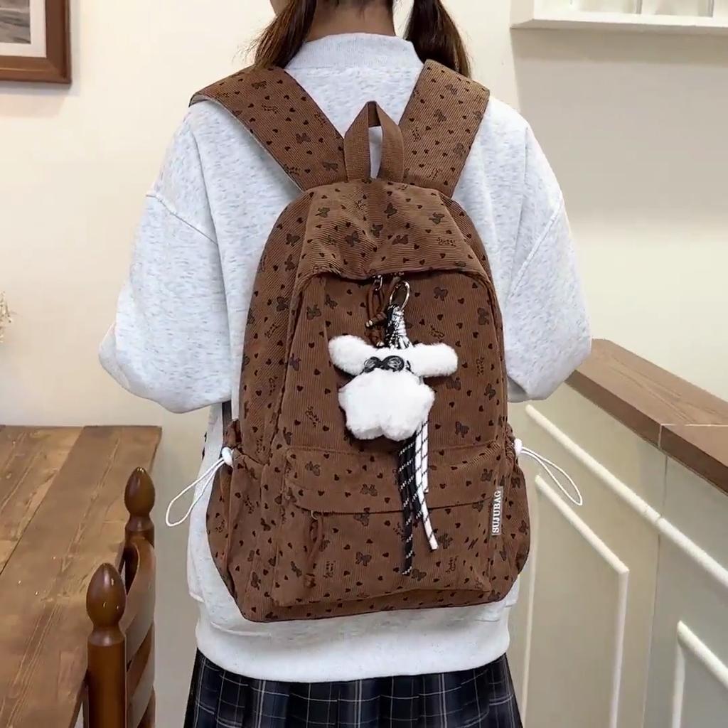 College Style Schoolbag Women's Bow Corduroy Travel Backpack