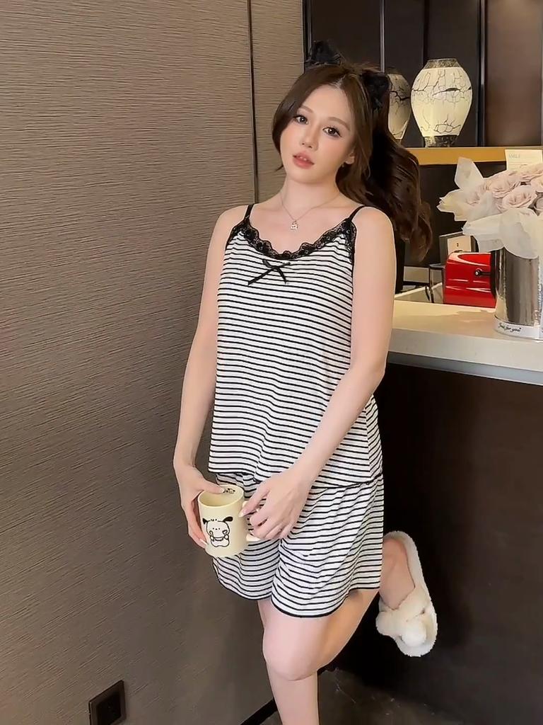 Summer Pajamas Set with Chest Pad Women Homewear plus size 4XL 5XL Sexy stripe Lace Sling Tops and Shorts 2 Pieces Set Sleepwear