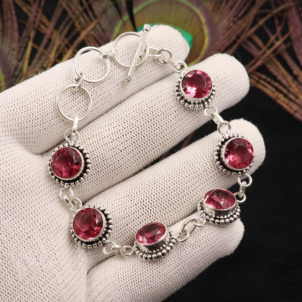 Pink Tourmaline Gemstone 925 Sterling Silver Jewelry Handcrafted Bracelet 7-9" RB-17-11