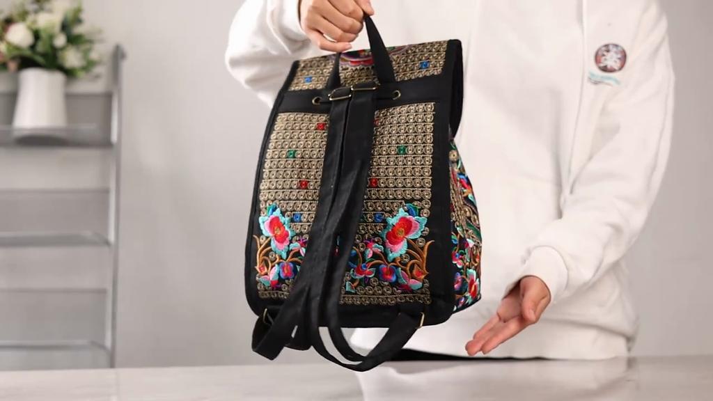 Rucsac elegant cu broderie florală, geantă de carte din pânză la modă pentru femei, rucsac de călătorie cu clapă la modă