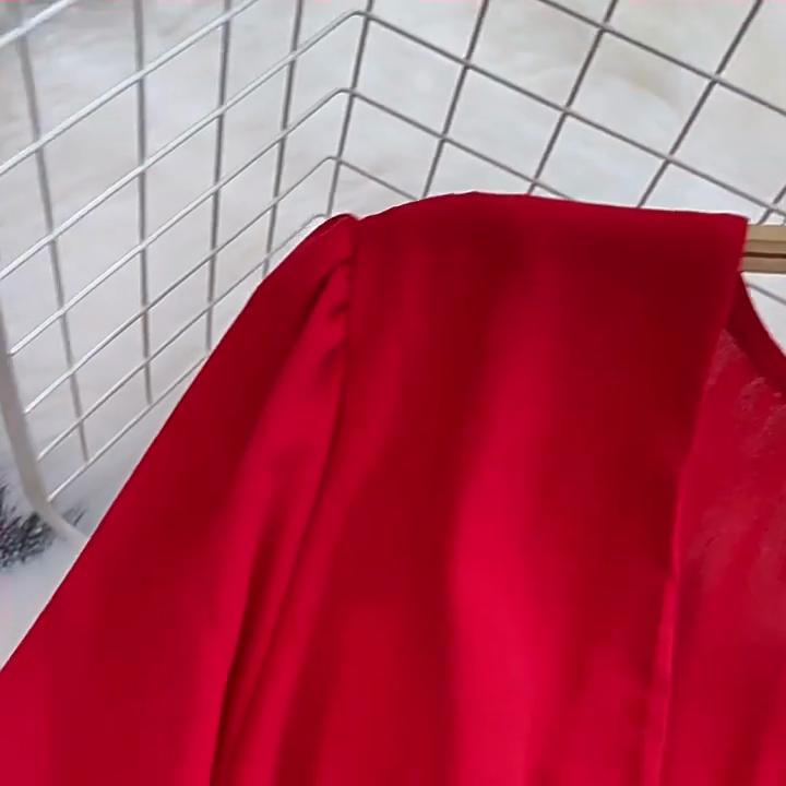 YYFS Abiti casual a vita alta con scollo a V a maniche lunghe con stampa tinta unita primavera autunno moda donna
