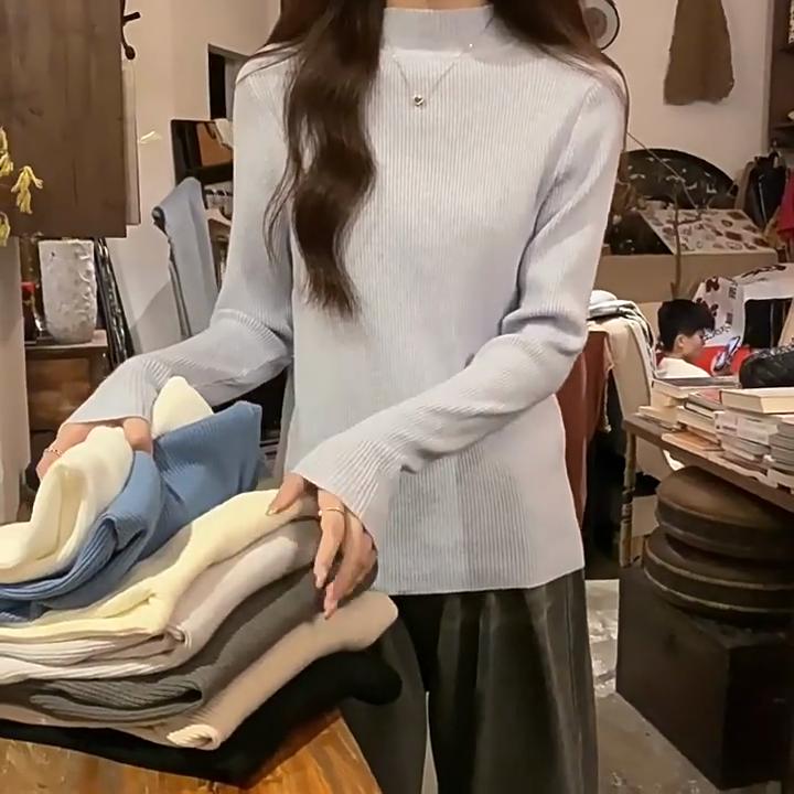Spring and Autumn Winter Long Sleeve Sweater Women's Interior Tailored Bottom Shirt Half High Collar Korean Edition Knitted Shirt Women's Top
