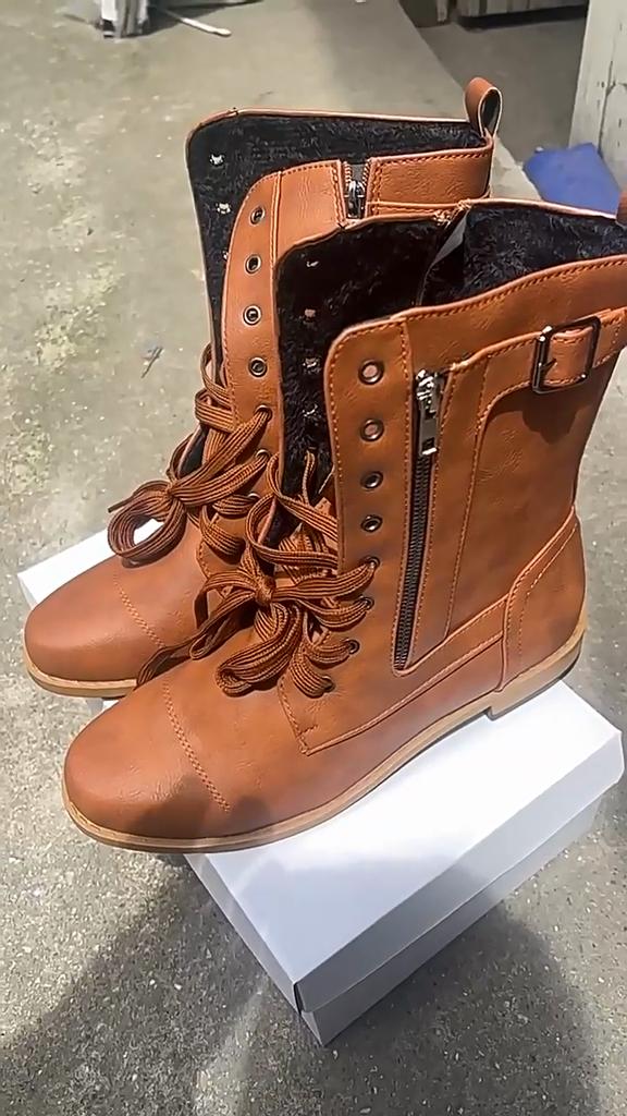 Velvet Boots with Round Toe, Low Heel, Side Zipper, Square Heel, Large Size, Midsole, Retro Knight Leather Boots for Women