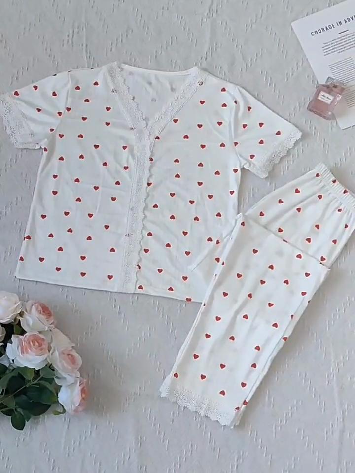 Avrupa ve Amerikan Tarzı Kadın Kiraz Baskılı Pijama Takımı Kısa Kollu Üst ve Uzun Pantolon Pijama İşlemeli Dantelli Ev Giyimi