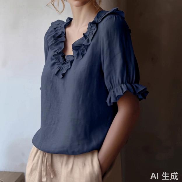Women's Summer Solid Color Short Sleeve Shirt, Vintage Pullover Blouse