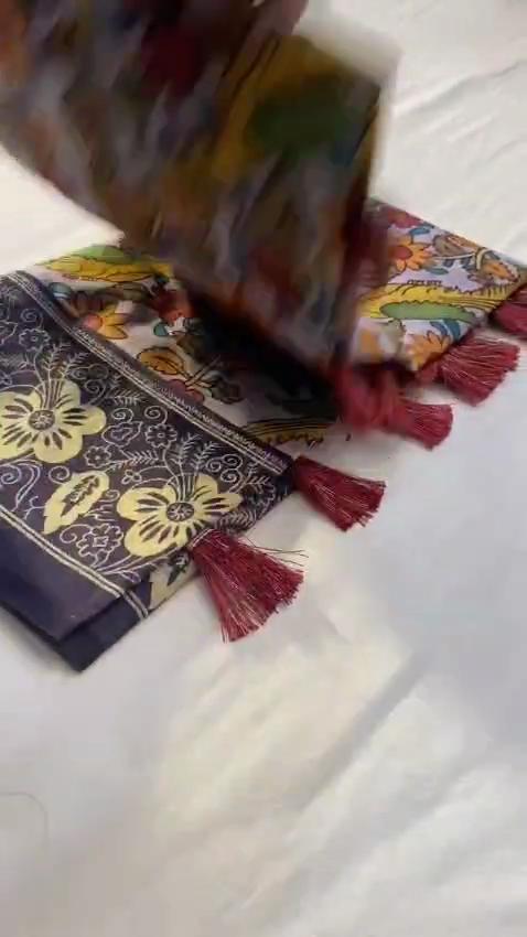 Soft cotton  chanderi sarees with kalamkari digital print pattern tassels over the saree.