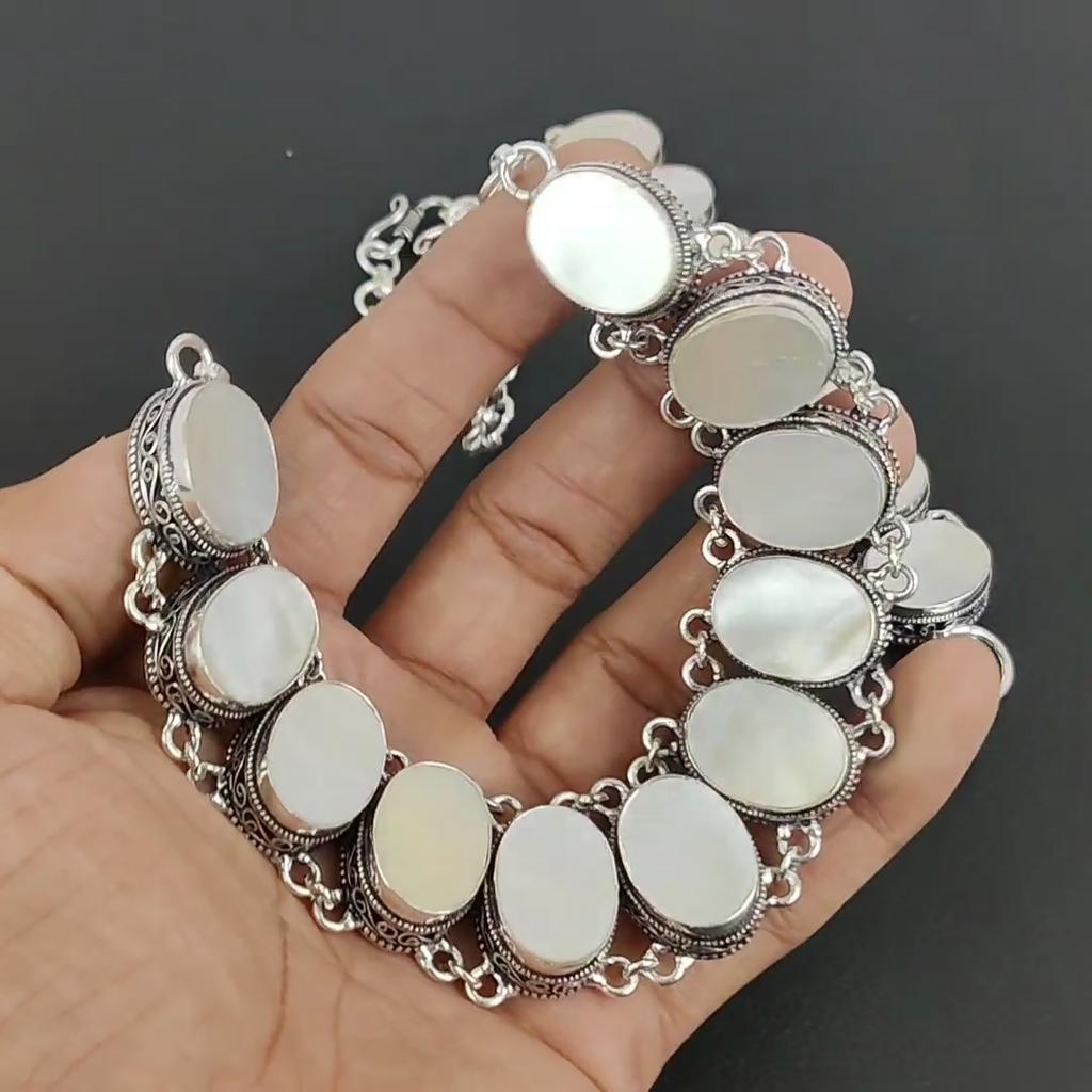 Natural Mother Of Pearl Gemstone Handmade 925 Sterling Silver Jewelry Neclace Bracelet Set, Antique Jewelry Set, Birthday Gift For Wife