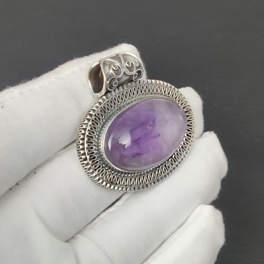 Natural Amethyst Gemstone Silver Pendant In 925 Sterling Silver- Handmade Design, Everyday Wear Jewelry, Antique Pendant Birthday Gifts
