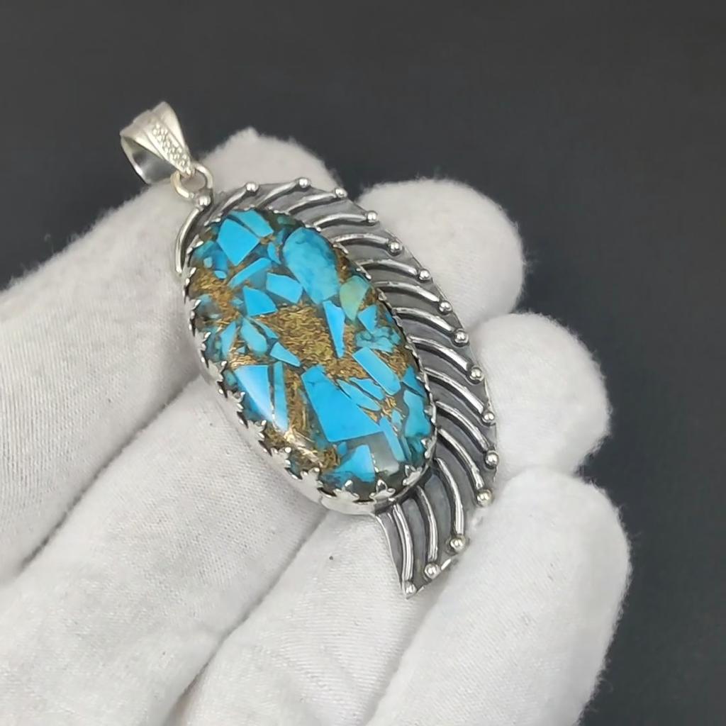 Natural Blue Copper Turquoise Gemstone Silver Pendant In 925 Sterling Silver- Handmade Design, Everyday Wear Jewelry, Unique Pendant Thanksgiving Gift