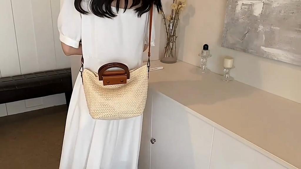 Yogodlns Bolsa de ombro feminina de verão, bolsa de mão com alça de madeira, bolsa de palha trançada, boêmia, casual, feminina, moda praia, bolsas crossbody